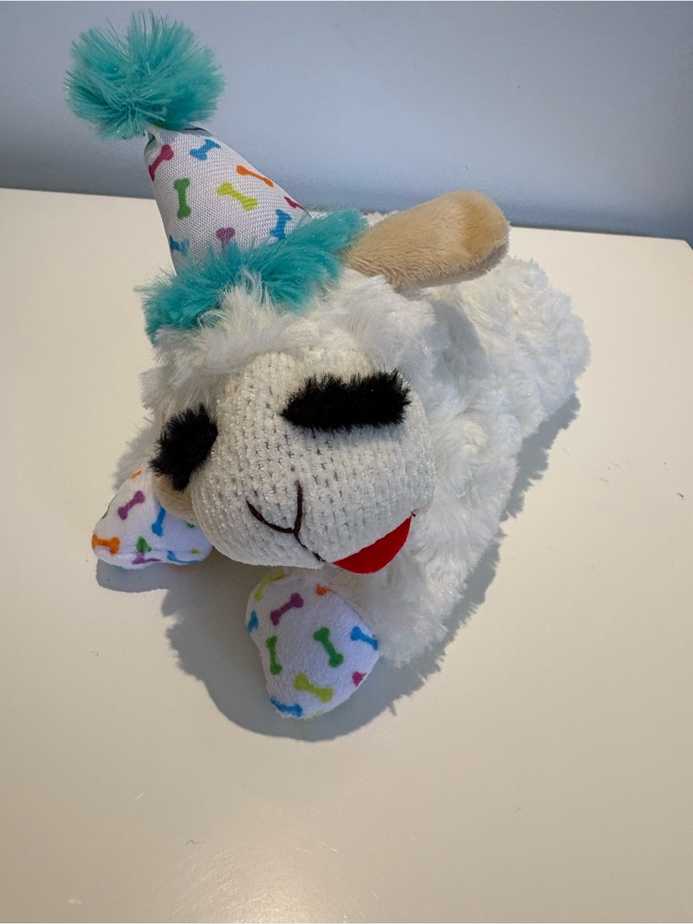 Plush White Birthday Party Lamb Toy with Turquoise Accent
